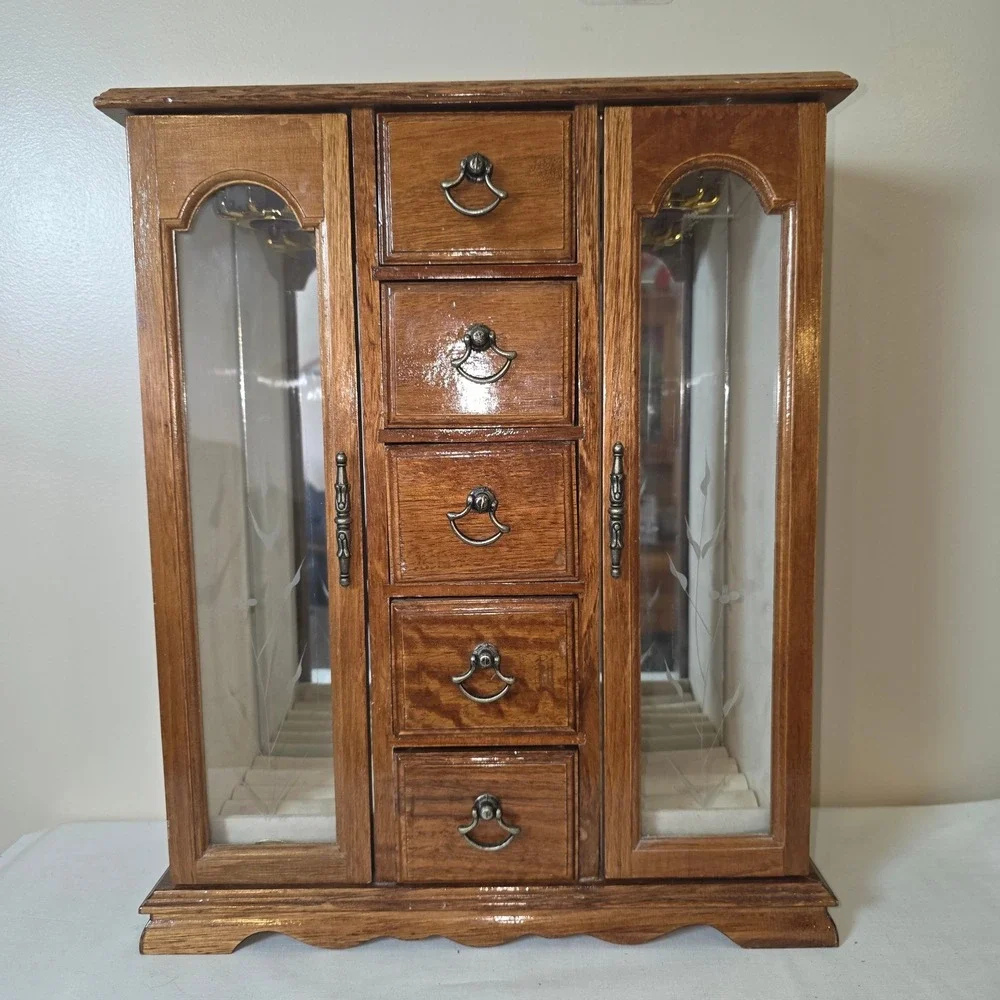 Vtg Wooden Jewelry Armoire Box 5 Drawers Etched Glass Doors Necklace Carousel